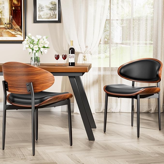 YaFiti Dining Chairs Set of 2, Dining Room and Kitchen Chairs, Mid Century Modern Retro Chair, Upholstered PU Leather Chairs for Vanity with Walnut Bentwood and Metal Legs (Black)