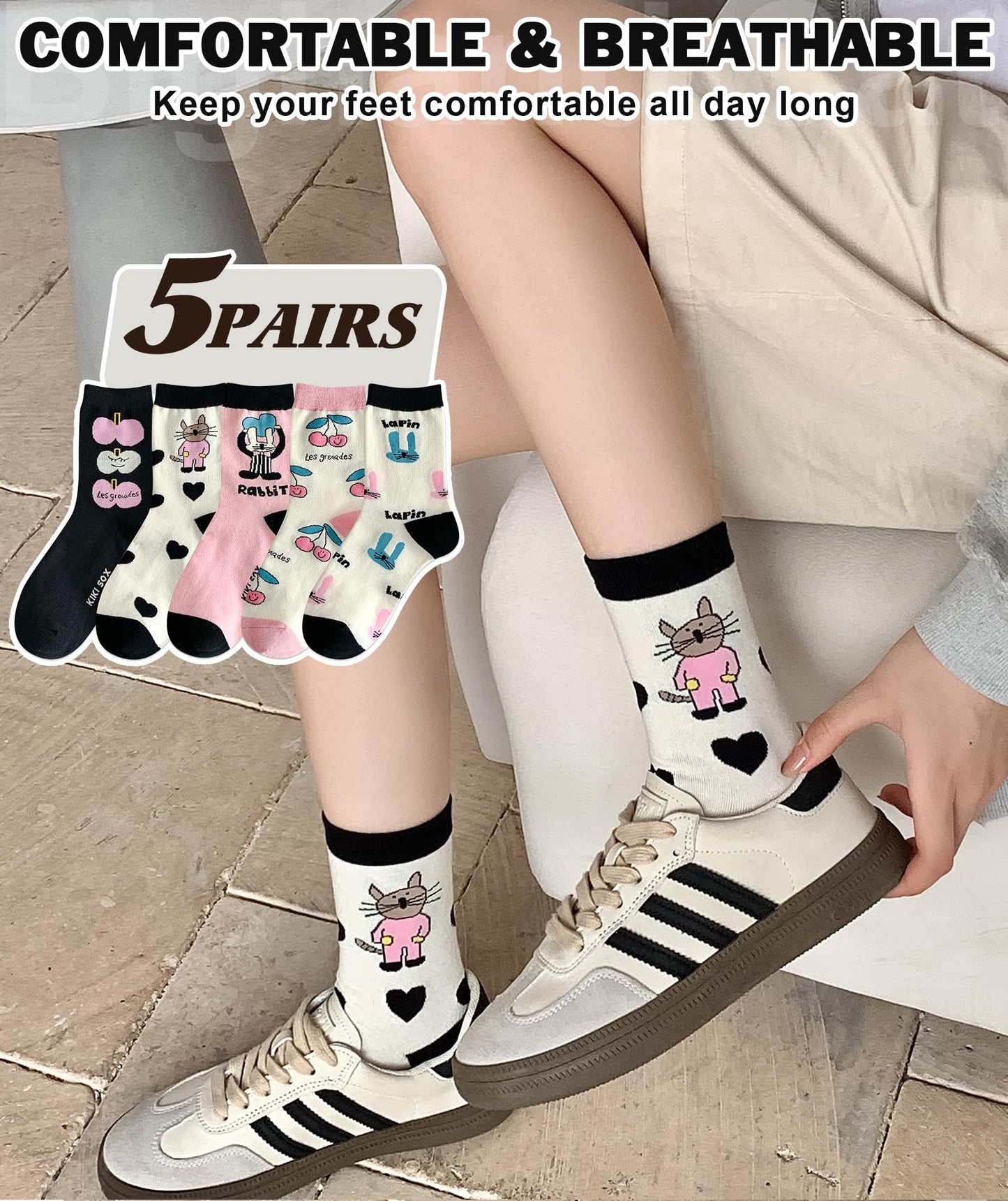 IIG Women's Fashion Cute Cotton Socks Novelty Funny Above Ankle Crew Socks Holiday Gifts for Women 4/5 Pairs (Cute animals 01-5 pairs)