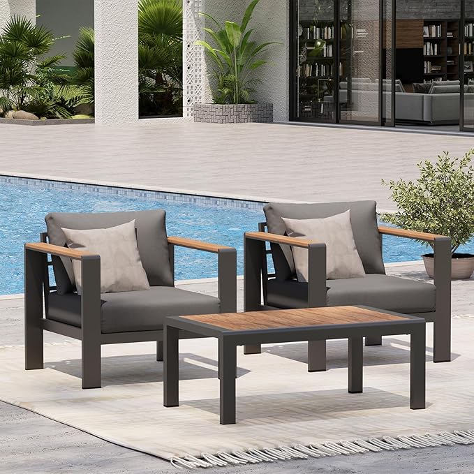 Oasbira Aluminum Outdoor Sofa Bistro Set, 3 Piece Outdoor Patio Furniture Set with Washable Thick Cushion, Patio Sectional Furniture Set for Porch, Balcony, Deck, Yard, Graphite