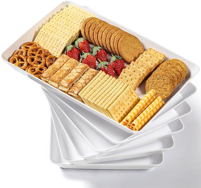 6 Pack, 16" x 11" Large White Serving Trays Set - Reusable Plastic Serving Platters for Cookie, Appetizer, Charcuterie, Sn...