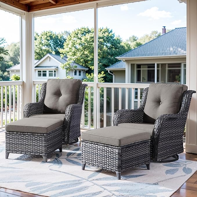 Belord 4 Pieces Patio Furniture Sets, Wicker Patio Swivel Glider Chair with Ottomans, Outdoor Furniture Set for Outside Porch, Deck, Balcony, Garden