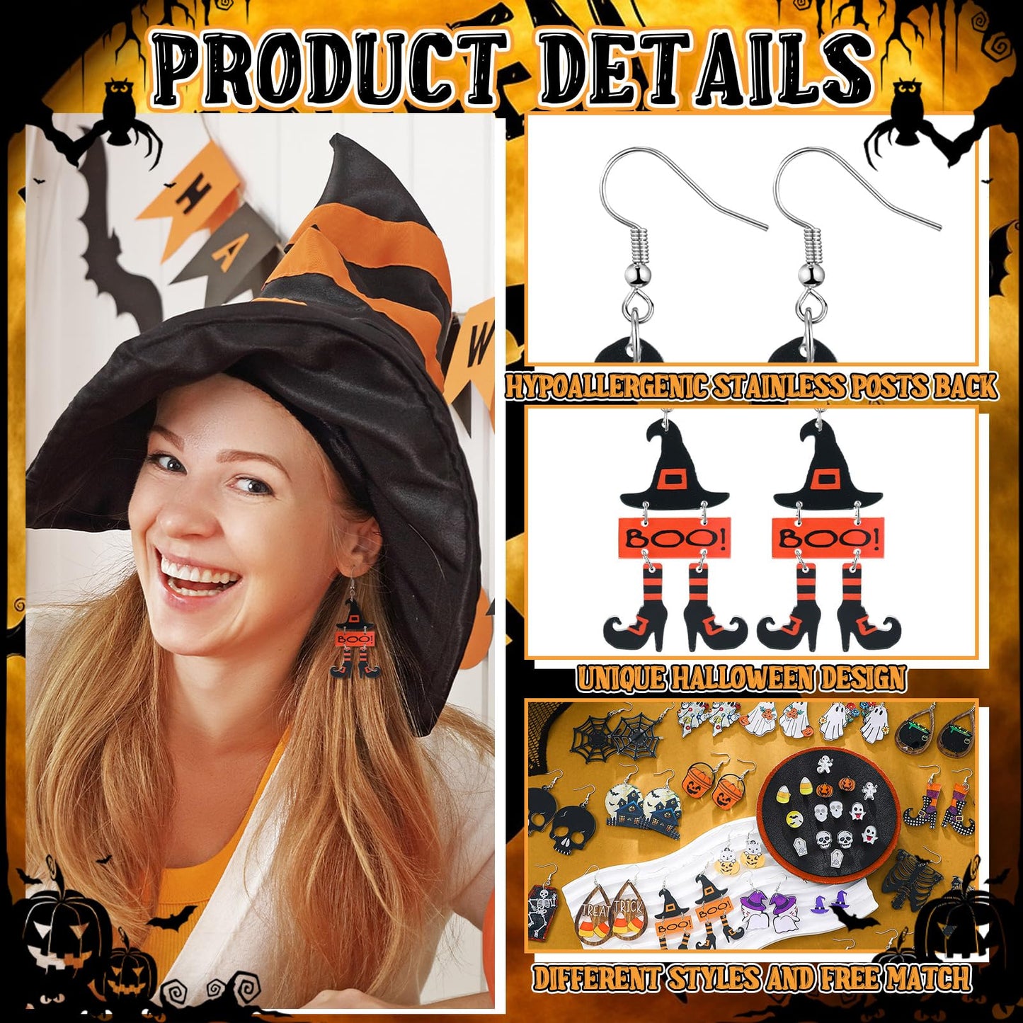 Nosiny 36 Pairs Halloween Earrings Lightweight Dangle Acrylic Earring Skeleton Ghost Pumpkin Boot Hat Earrings for Halloween Party Jewelry Gifts(Classic)