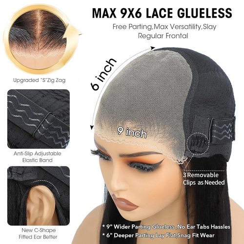 eool 9X6 Glueless Bob Wigs Human Hair Pre Plucked Pre Cut,Short Straight Bob Wigs for Black Women HD Transparent Glueless Lace Front Wigs Human Hair 200% Density 12 Inch