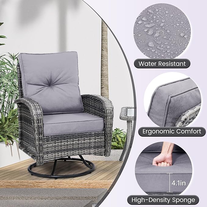 wildformers Luxury Outdoor Swivel Wicker Glider Patio Chairs with Table Set, Overstuffed Washable Cushions, Ideal for Porch, Balcony, Deck, Grey Rattan and Grey Cushion