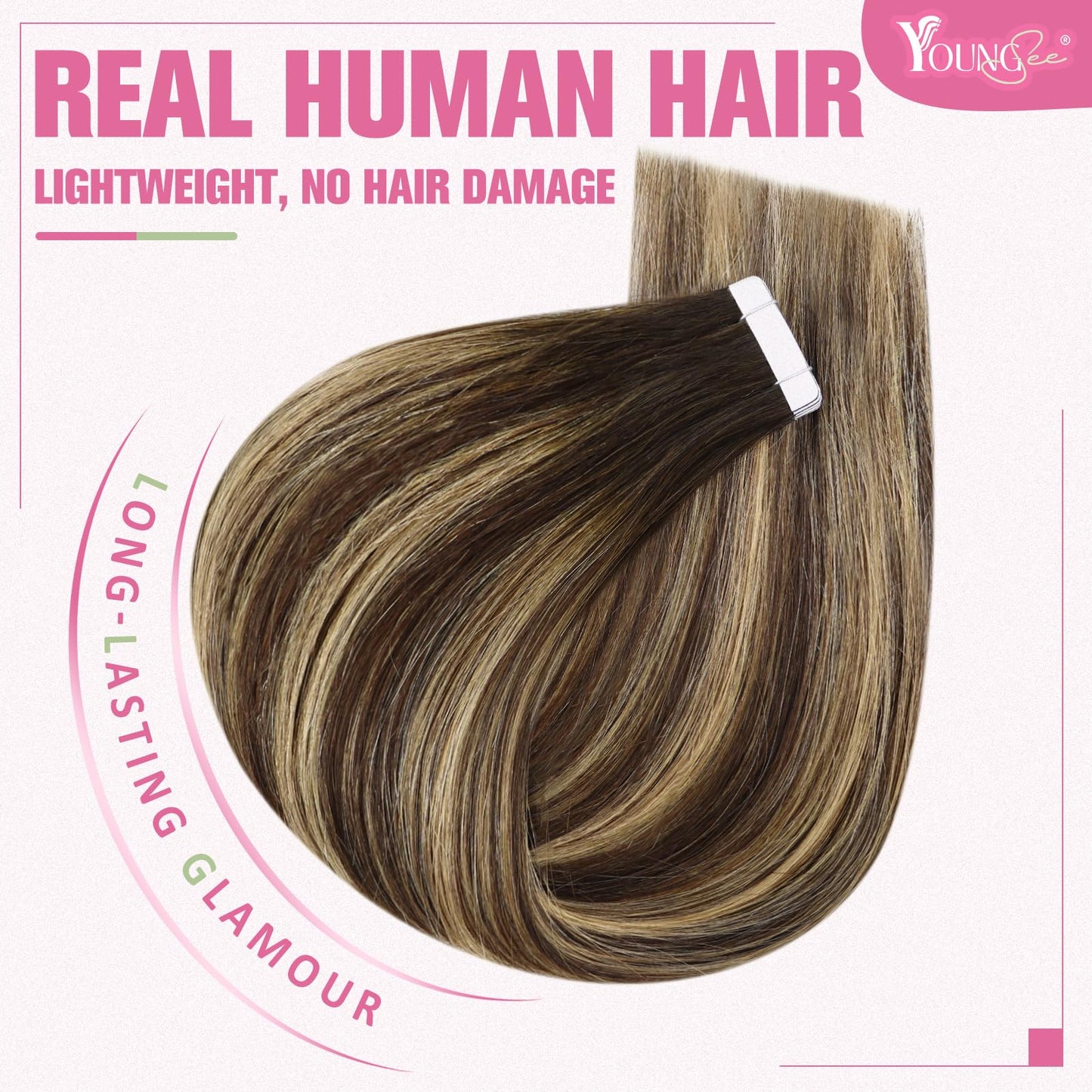YoungSee Invisible Tape in Hair Extensions Brown Balayage Tape in Extensions Ombre Dark Brown to Blonde with Dark Brown Tape on