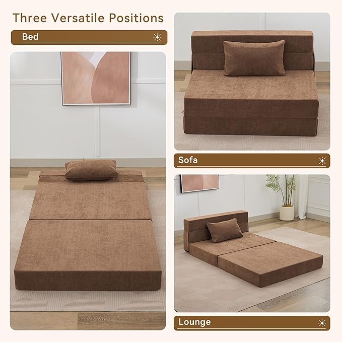 WUTUTUEE Folding Sofa Bed Convertible Floor Couch Foldable Chair Bed with Pillow，Linen Sleeper Chair Futon,Foldable Memory Foam Mattress for Bedroom/Living Room/Dorm/Office (Brown, Standard)