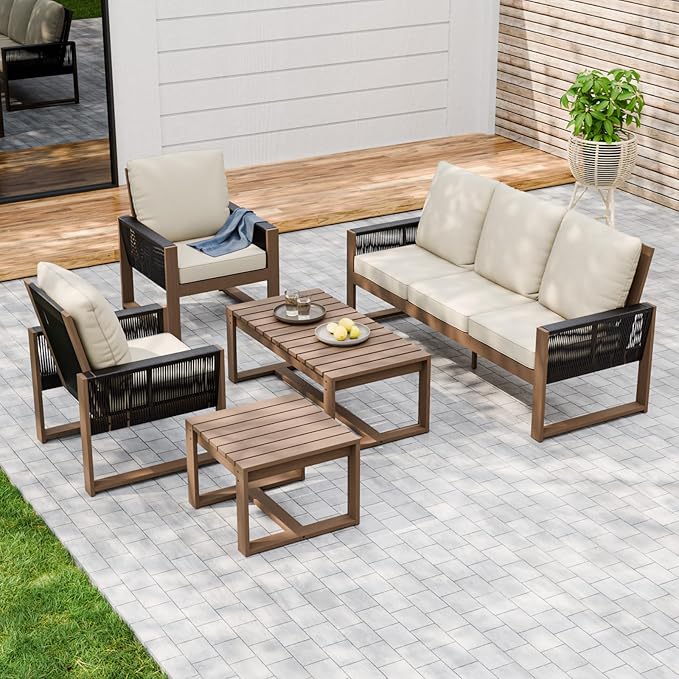 INTER HUT Rustic Hideaway Natural Cedar Wood Outdoor Furniture Set, Wicker Patio Conversation Set for Porch Garden Backyard, Couch, Patio Chairs, Tables, 5 Piece, Brownish/Beige
