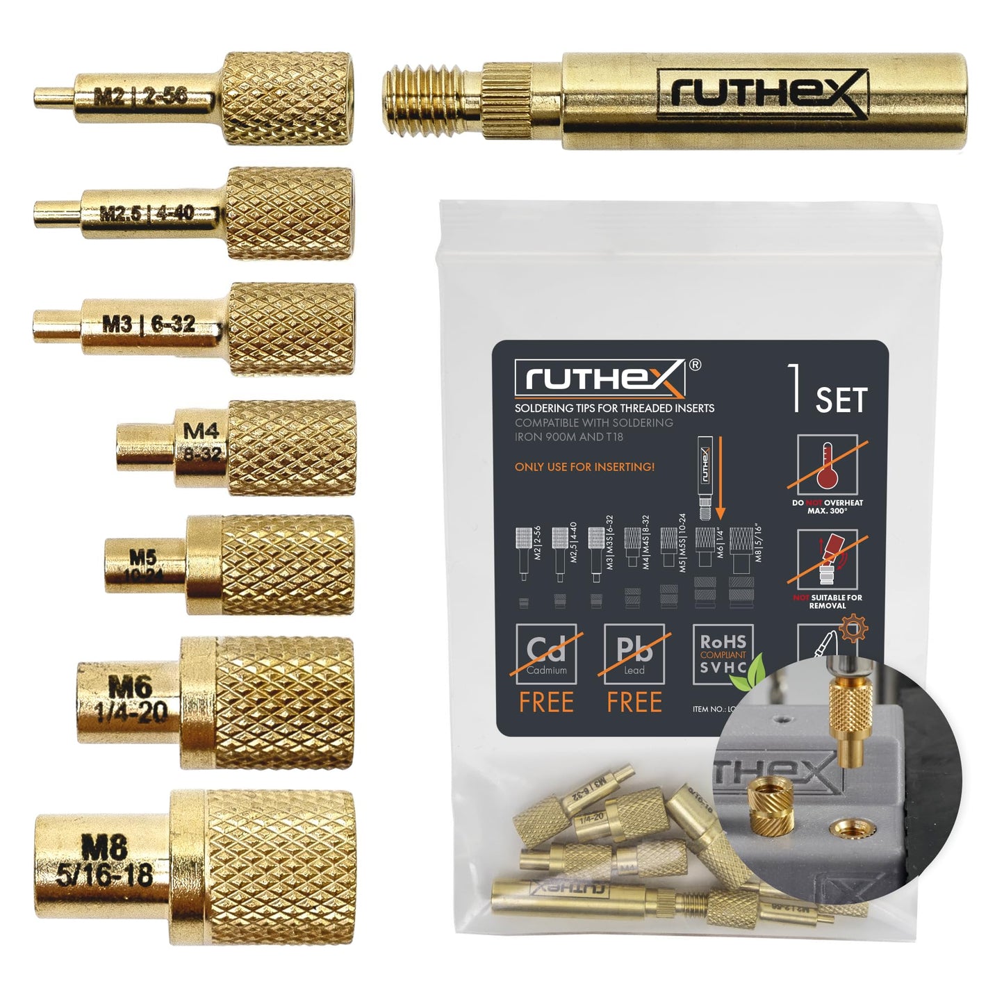 ruthex 7x Soldering Tips/Heat Set Insert Tips - for Thread Inserts M2 / M2.5 / M3 / M4 / M5 / M6 / M8 - #2-56 / #4-40/ #6-32/ #8-32/ #10-24 1/4" and Soldering Iron Adapter 900M / T18