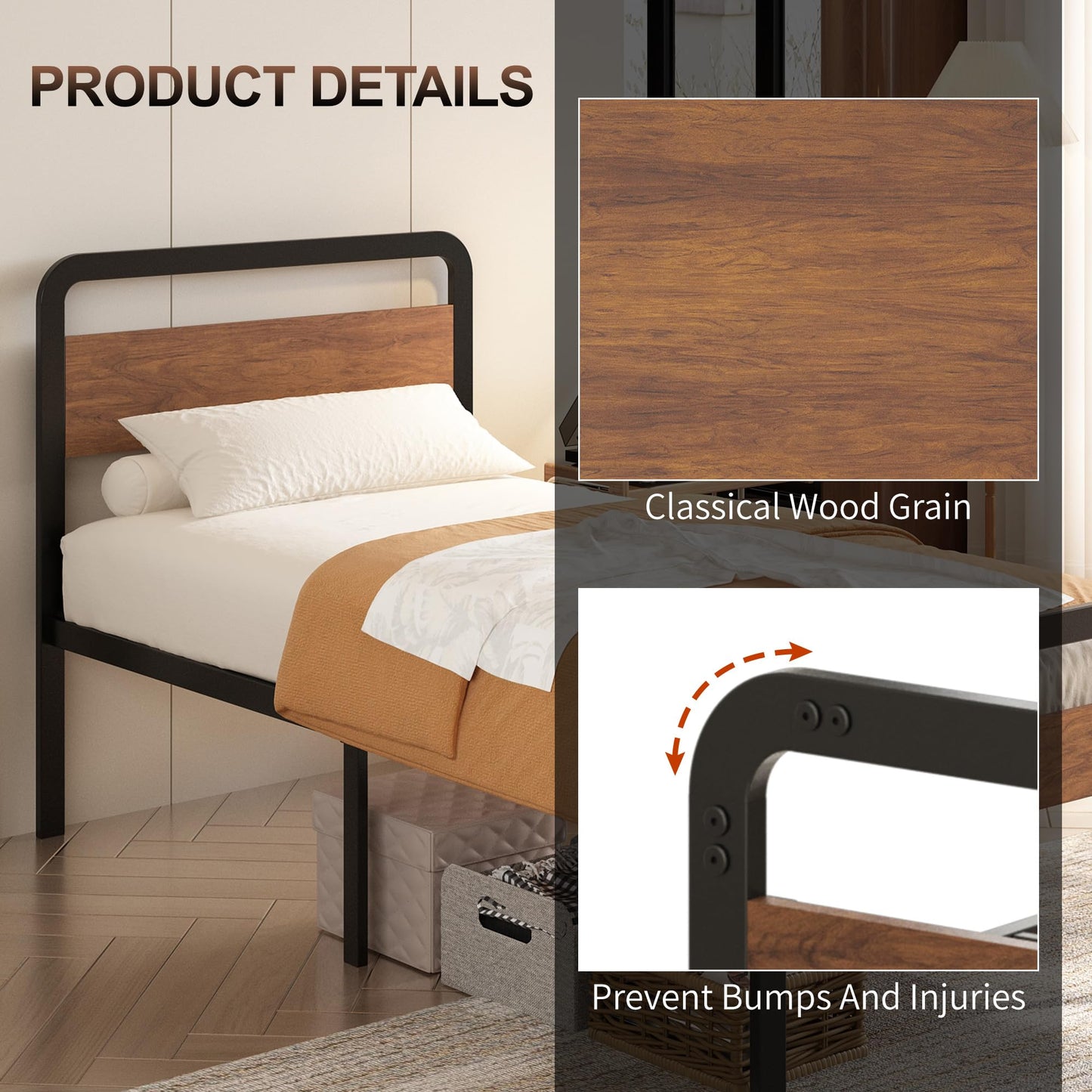 EMODA 16 Inch Twin Size Bed Frames with Wooden Headboard and Footboard, Heavy Duty Metal Slats Support Mattress Foundation, No Box Spring Needed, Easy Assembly