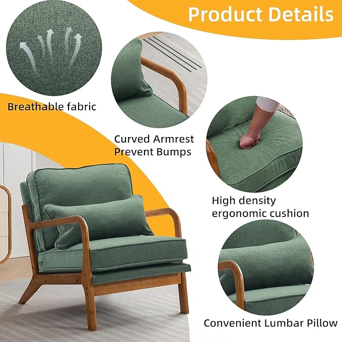 SEYNAR Mid-Century Accent Chair Set of 2, Linen Fabric Lounge Chair with Wide Armrest,13-16.5" Low Seat Height Armchair with Lumbar Pillow & Solid Wood Frame for Living Room, Bedroom, Balcony(Green)