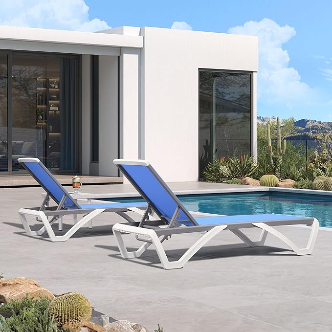 PURPLE LEAF Patio Chaise Lounge Chair Set of 3 Outside Aluminum Plastic Stackable Tanning Chairs for Pool Sunbathing Beach Deck Outdoor Lounger, Royal Blue