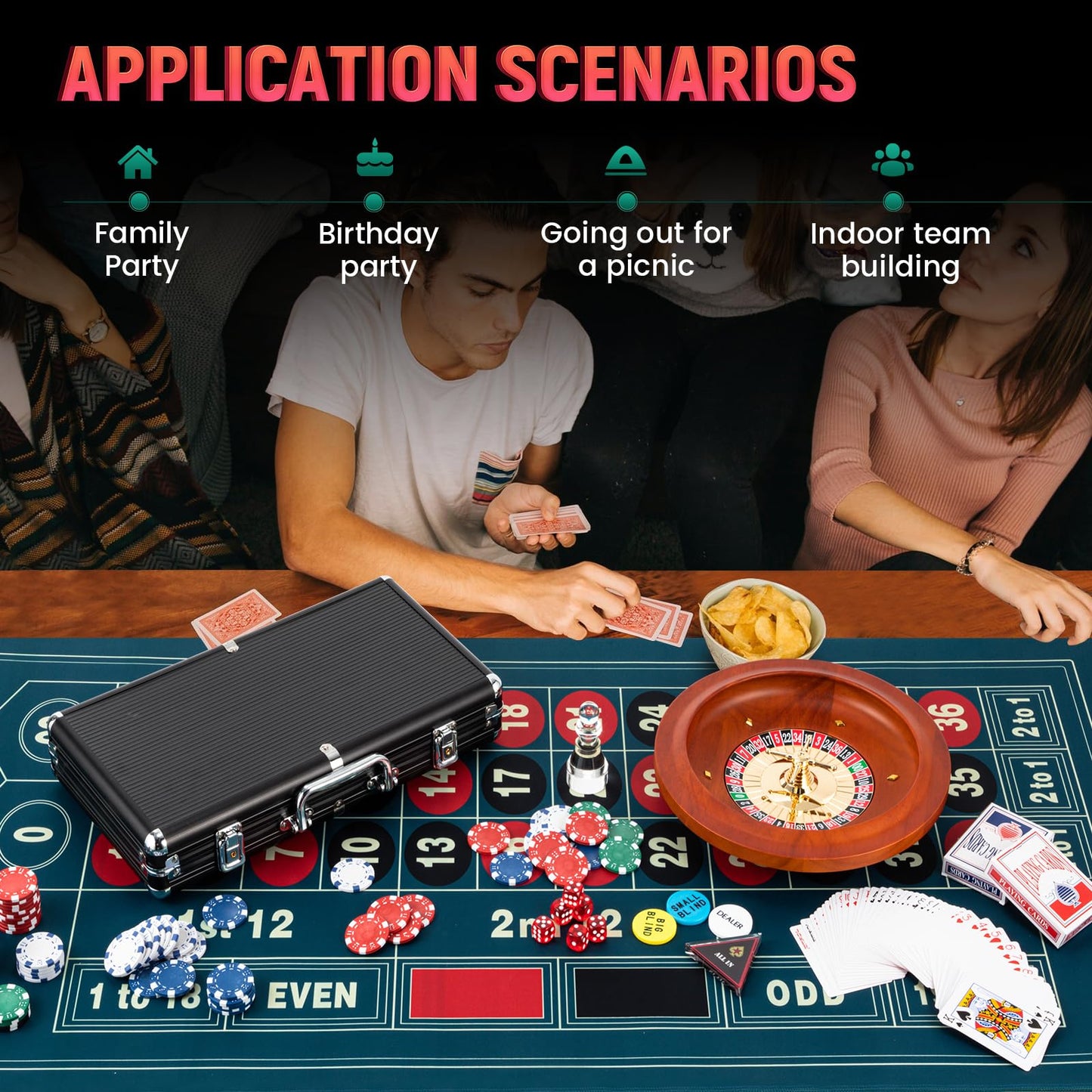 Proshine Super 11” Roulette Wheel set & Blackjack Set with 300pcs Poker Chips + 47.2*23.6” Double-sided Roulette Tabletop + 2 Decks of Playing Cards + 6 Dice + 4 Casino Buttons + Roulette Win Marker