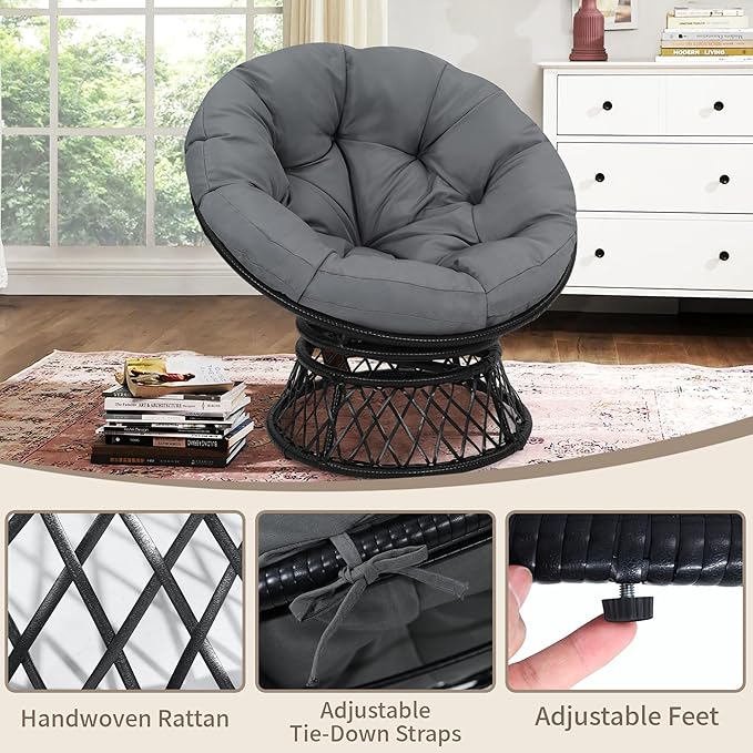 40" Ergonomic Wicker Papasan Chair, 360° Swivel Indoor Outdoor Rattan Chair with Soft Thick Cushion, Ideal for Living Room, Bedroom, Reading Room, Black Frame with Dark Grey Cushion