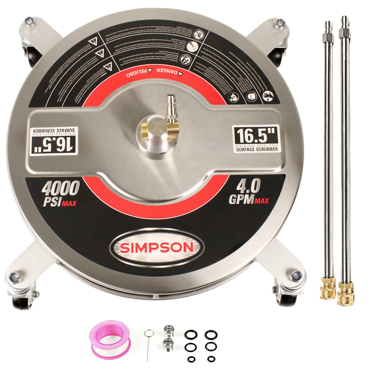 Simpson Cleaning Universal 16.5" Pressure Washer Surface Cleaner, Stainless Steel, for Gas and Electric, Cold Water, 1/4" Quick Connection, Max of 4000 PSI, 80625
