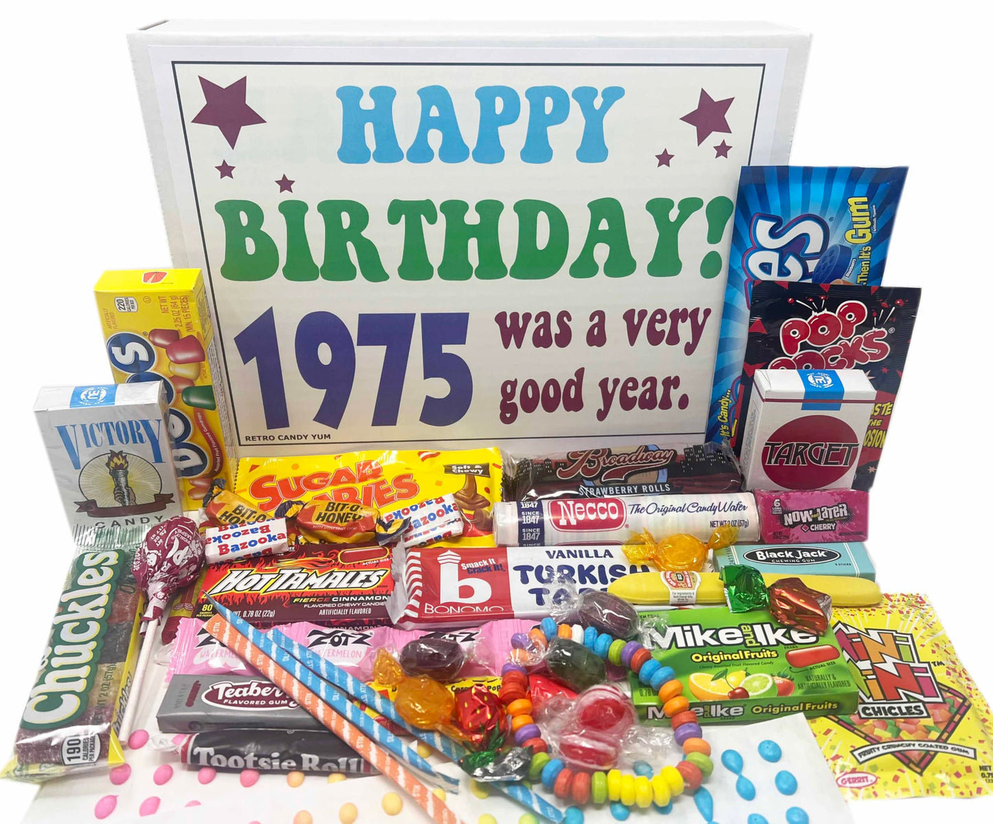 RETRO CANDY YUM ~ 1975 50th Birthday Gift Box Assortment of Nostalgic Candy from Childhood for Man or Woman
