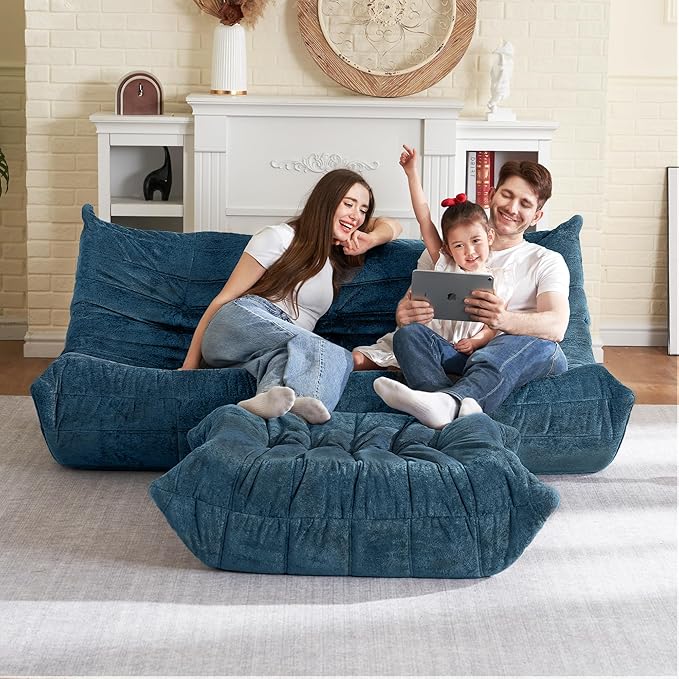 HABUTWAY Bean Bag Ottoman,Foot Rest,Fireside Chair Memory Foam Lazy Bean Bag Sofa for Living Room,Bedroom,Dorm,Office (Ottoman-Navy Blue)