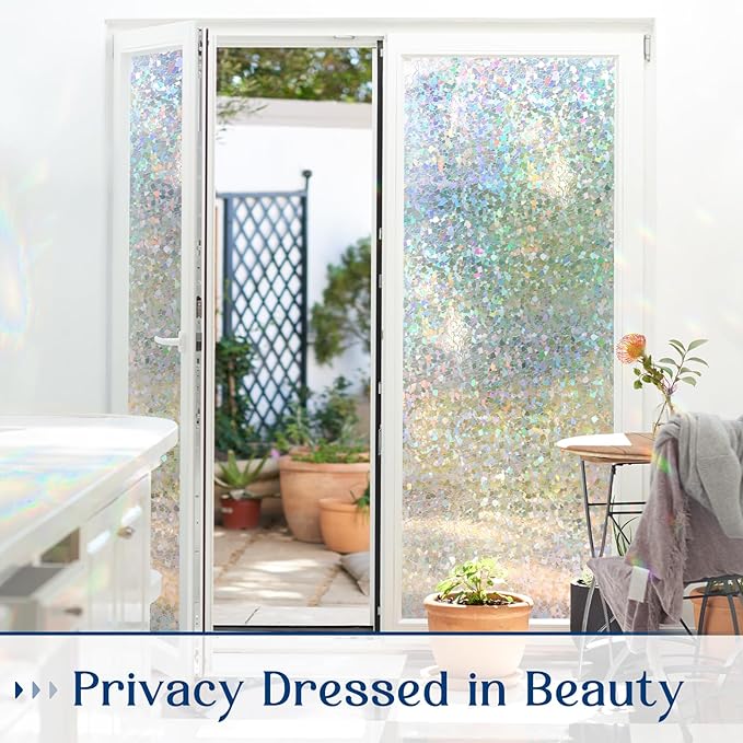 Haton Window Privacy Film Rainbow Film Stained Glass Window Clings, 3D Decorative UV Sun Blocking Sticker, Removable Static Cling Heat Control Tint for Home Door, 23.6" x 157.4" Non-Adhesive
