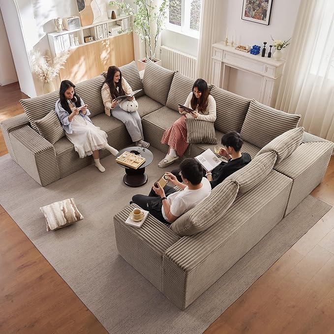 Sectional Cloud Couch for Living Room, Modular Floor Deep-Seat Sofa, Big Comfy Corduroy Couches Set with Fluffy Memory Foam, Stupendous U Shaped Sofas with 12 Pillows, No Assembly Required, Camel