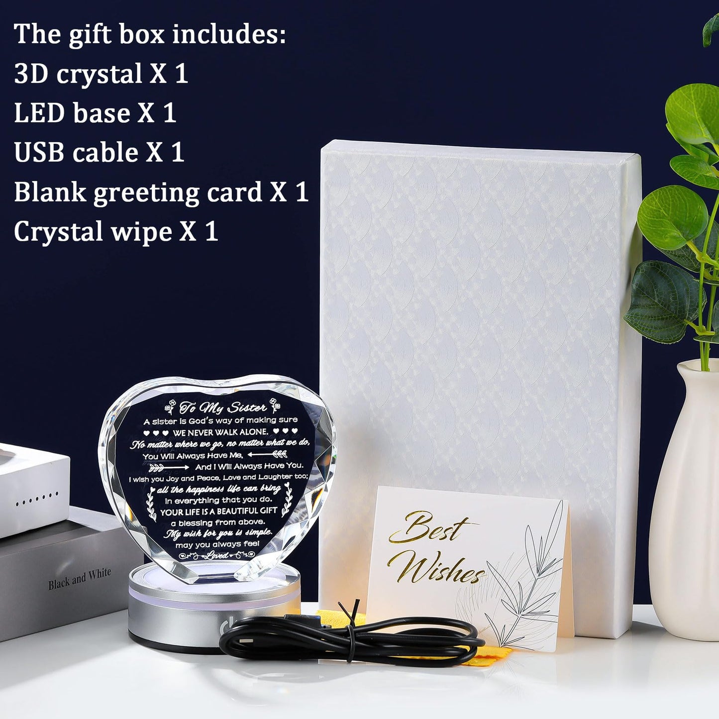Movdyka Sister Birthday Gifts Crystal Keepsake with LED Base, Laser Engraved Sister Gifts from Sister, Soul Sister Gifts for Women, Unique Big Sister Gifts for Girls, Best Sister Ever Gifts