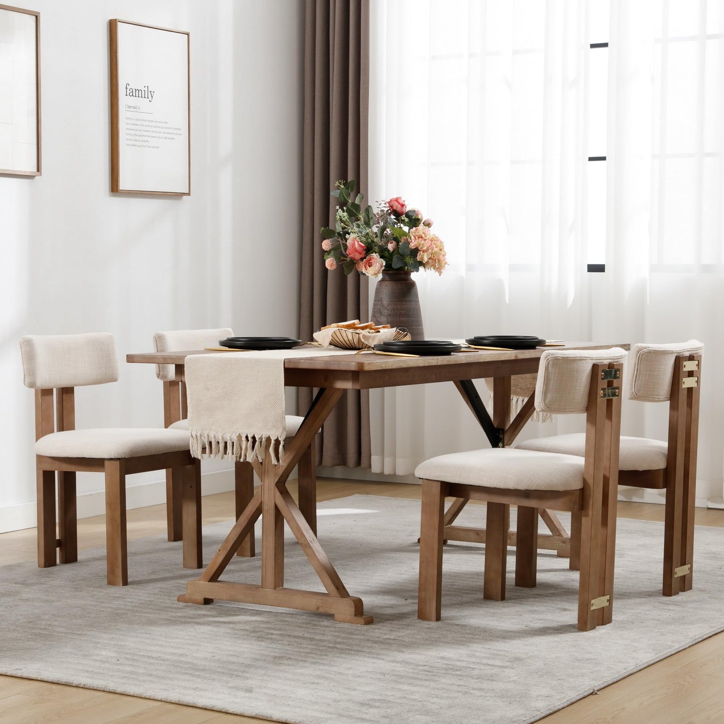 BESTANO Linen Wooden Dining Chairs Set of 4, Modern Farmhouse Dining Room Kitchen Chairs with Curved Backrest Natural Wood Legs, Armless Dining Chairs, Beige