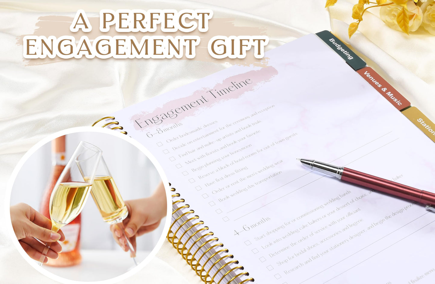 Wedding Planner Book and Organizer-176 Pages Bridal Wedding Planning Book with Sticker Checklists and Calendars for Bride To Be, Unique Engagement Gifts for Newly Engaged Couples