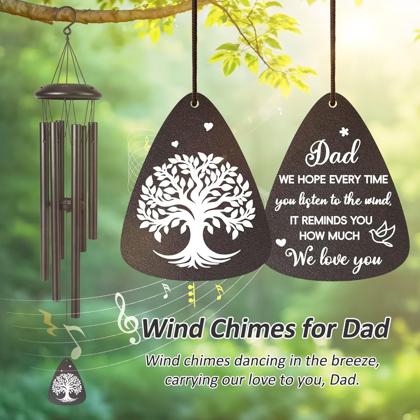 Gifts for Dad, 25'' Dad Wind Chimes, Dads Birthday Gift from Daughter Son, Present for Father, Husband, Men, Dad Gift Ideas Wind Chimes for Christmas Thanksgiving, Black