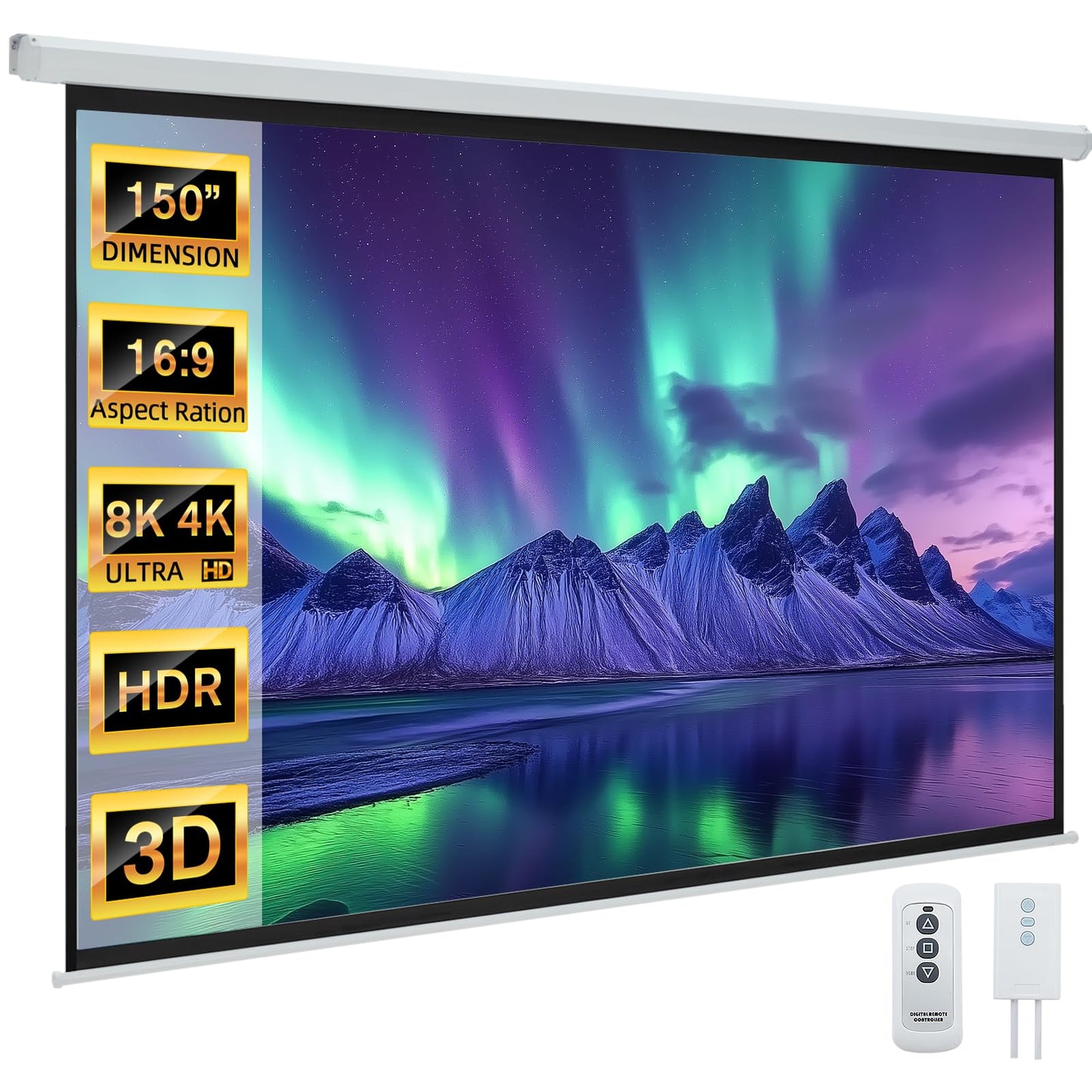 YODOLLA 150" Projector Screen Motorized 16:9, 4K HD Pull Down Retractable Projection Screens Electric Automatic Wall Ceiling Movie Screen for Office Classroom Indoor with Remotes
