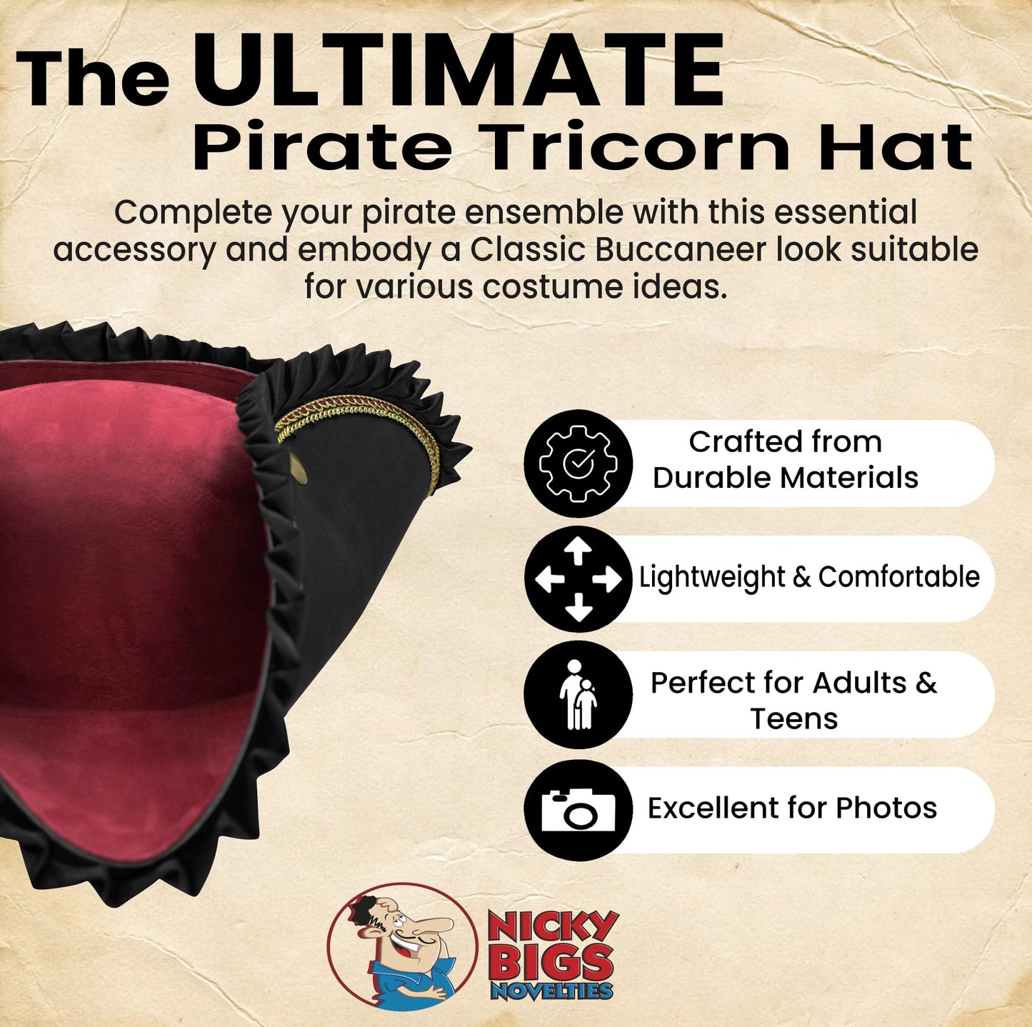 Nicky Bigs Novelties Adult Deluxe Black Tricorn Tricorner Pirate Hat Buccaneers Cap Costume Accessory