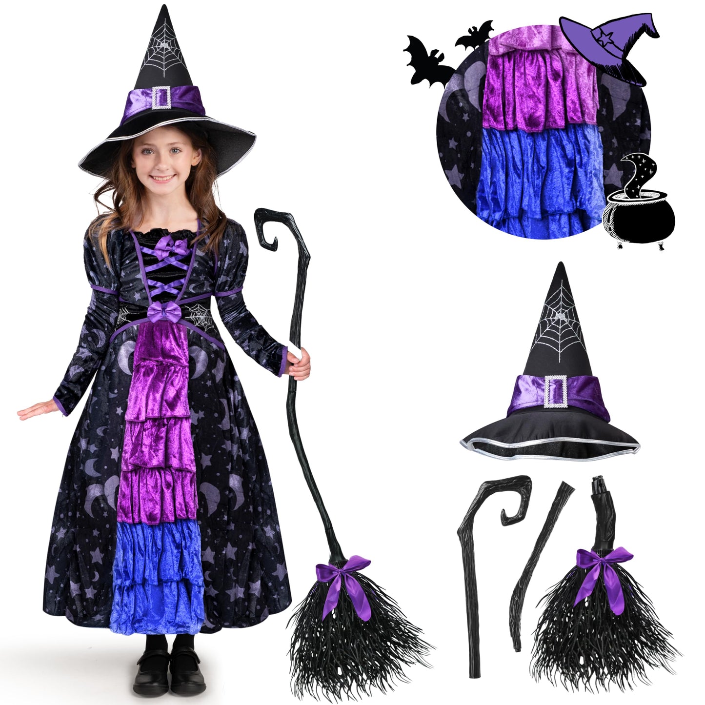 Spooktacular Creations Halloween Child Girl Purple Witch Costume, Toddler Stars and Moon Witch Dress for Kids Halloween Pretend Play Parties (Small (5-7 yr))