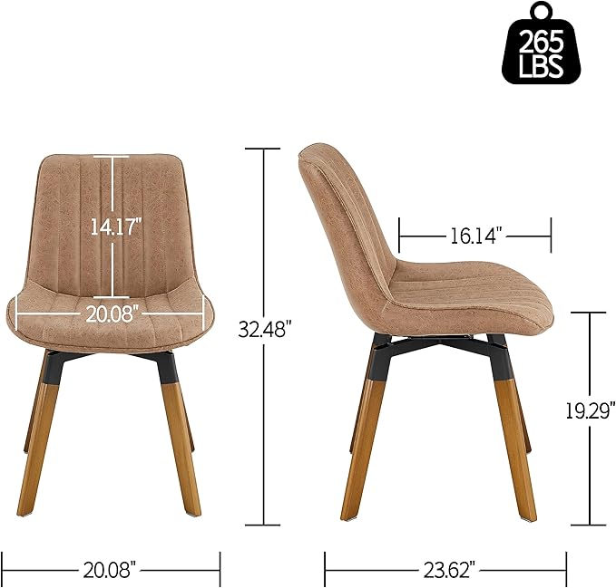 Art Leon Swivel Dining Chairs Set of 2, Mid Century Modern Kitchen Dining Room Chairs, Upholstered Faux Leather Armless Side Chair with Wood Legs for Living Room Bedroom, Brown
