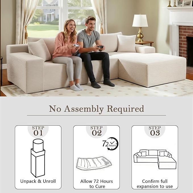 105’’ L-Shape Modular Sectional Sofa with Chaise, Convertible Cloud Couch, Corduroy Fabric & High-Density Memory Foam, No Assembly Required for Living Room (Beige, Right Facing Chaise)