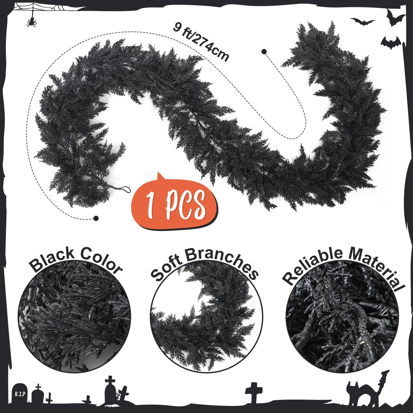 Dingion Black Artificial Cedar Garland - 9 ft Halloween Faux Cedar Pine Hanging Party Decoration Halloween Realistic Garland for Home, Mantle & Fireplace