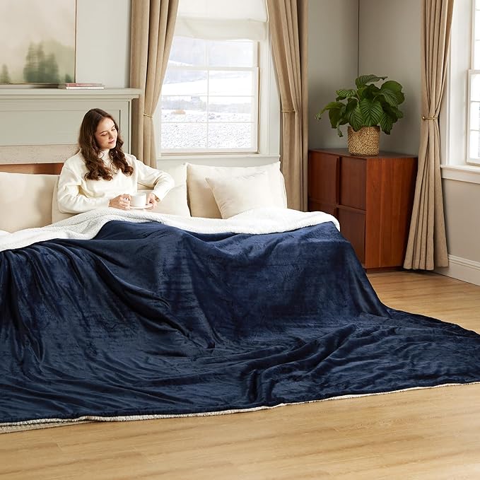 Bedsure GentleSoft Sherpa Fleece Oversized Cal King Blankets for Bed - Thick and Warm Throw for Women and Men, Soft Fuzzy Plush Large Blanket for Winter, Non-Heated, Navy, 112x98 Inches