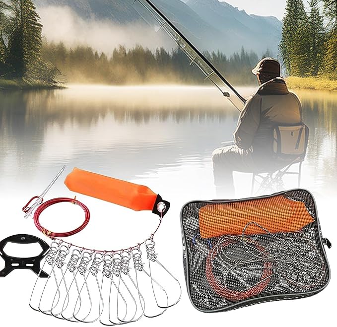 Fishing Stringer with Float and Plastic Handle, Live Fish Lock with 10 Stainless Steel Buckles, Big Fish Wire Rope Cable a...