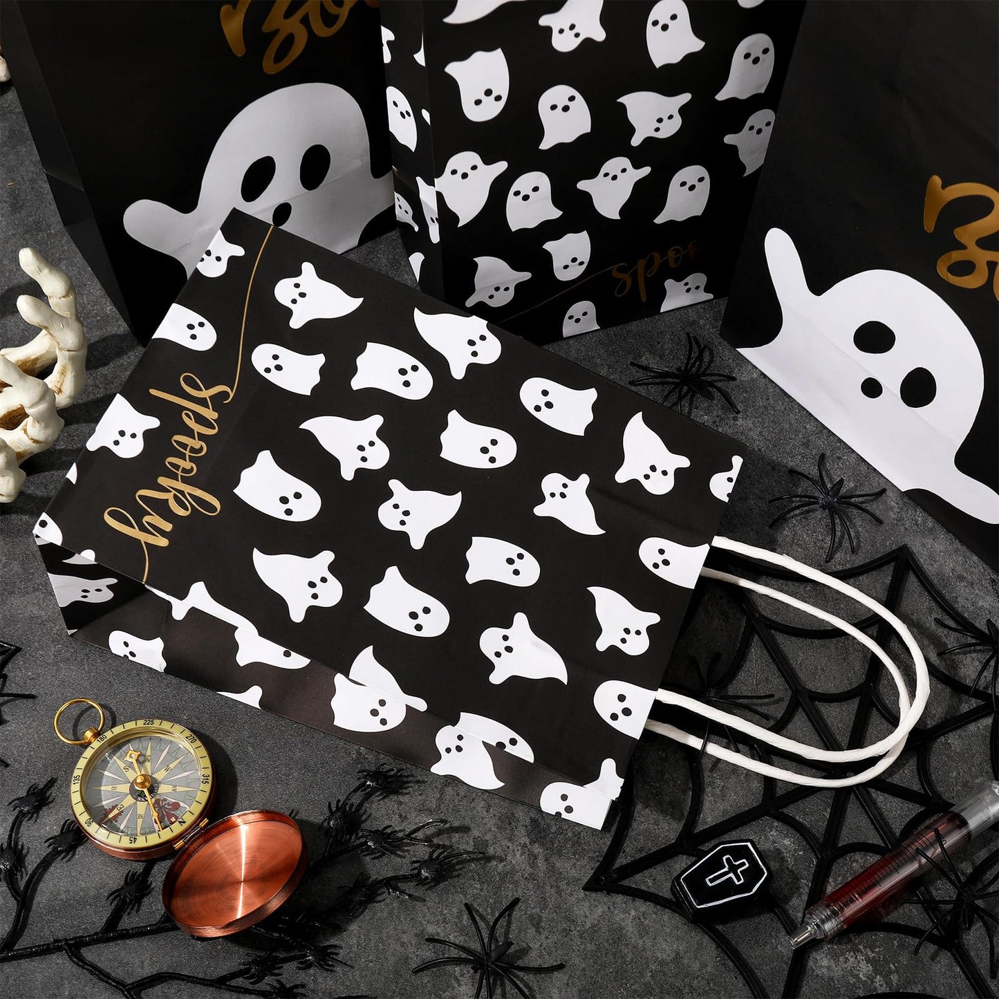JarThenaAMCS 24Pcs Halloween Paper Gift Bags With Handles - Black White Ghost Party Favor Candy Goodie Treat Bag for Holiday Birthday Party Supplies