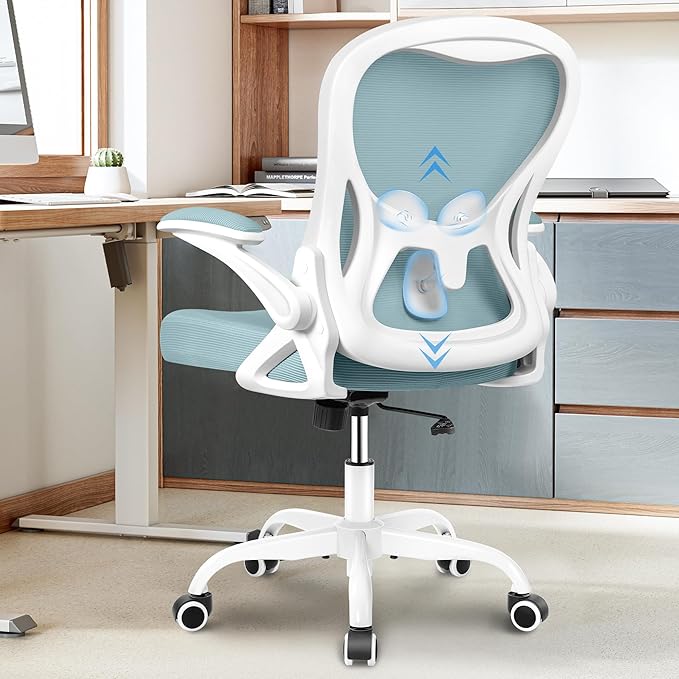 Winrise Ergonomic Office Chair, Mesh Desk Chair with Adjustable Lumbar Support, Flip-Up Armrests, Mid-Back Computer Swivel Task Rolling Chair, Light Blue
