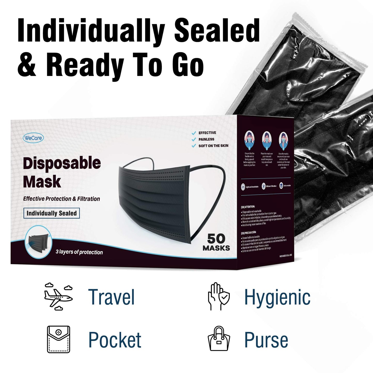 WECARE Black Face Masks Disposable - Individually Wrapped - 50 Pack, Black Masksfor Adults 3 Ply