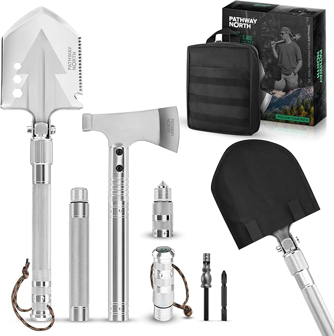 PATHWAY NORTH Survival Shovel and Camping Axe – Stainless Steel Tactical Survival Multi-Tool and Survival Hatchet Equipmen...