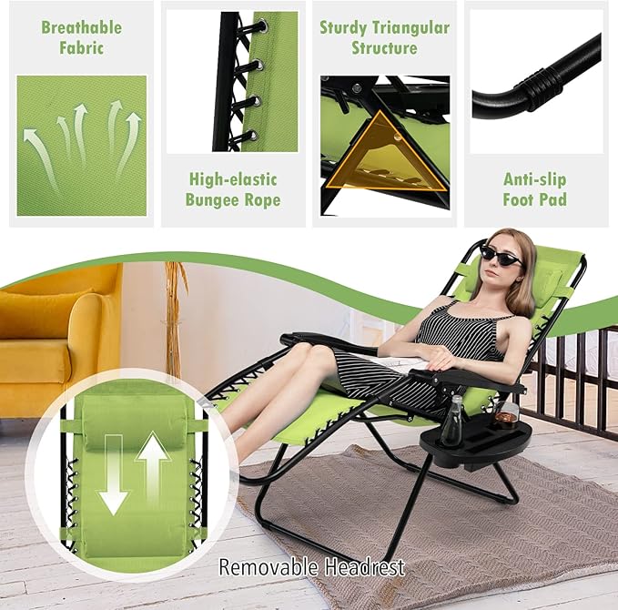 Tangkula Zero Gravity Chair, Folding Patio Lounge Chair Adjustable Outdoor Recliner with Cup Holder, Wide Armrest for Patio Garden Poolside Outdoor Yard Beach, Support 350 lbs (1, Green)