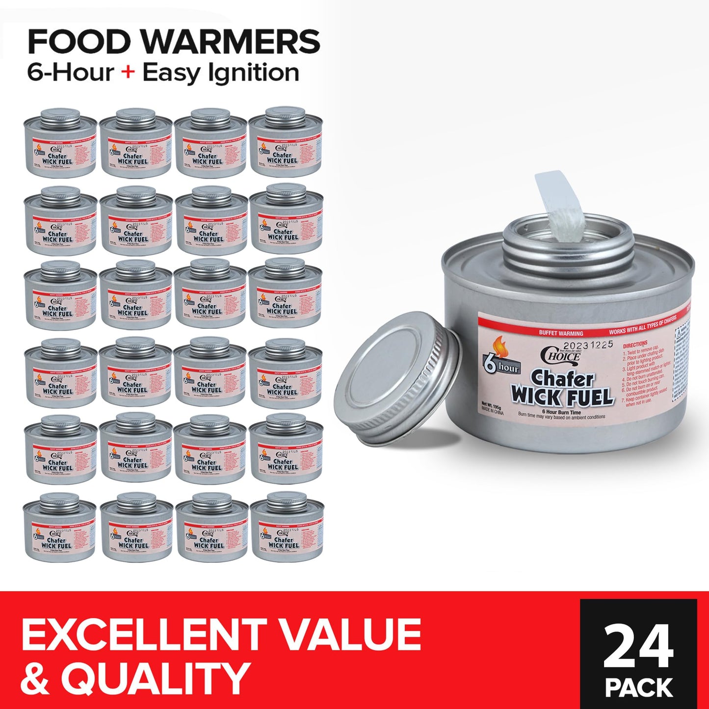 6-Hour Food Warmers for Parties (24 Pack), Chafing Fuel Cans with Wick and Safety Twist Cap, Catering Food Warmers for Buffets, Parties, Weddings, Long Lasting Burners for Food Warmer, Food Heater