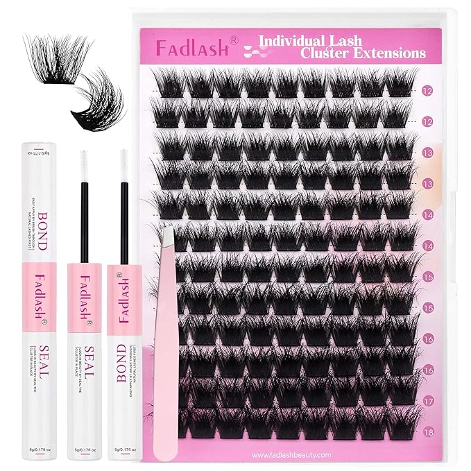 FADLASH Lash Extension Kit Lash Clusters Kit 12-18mm Eyelash Cluster Lashes Individual with Bond and Seal Lash Glue and Lash Tweezers DIY at Home (Y01-3D-12-18 Kit)