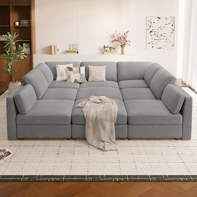 CUGOAO 118'' Modular Sectional Sofa Bed, Oversized Sectional Couch, Deep Seat Chenille Cloud Couch, Removable Cover, Mordern Upholstered Couches for Living Room, Apartment, Office, Grey