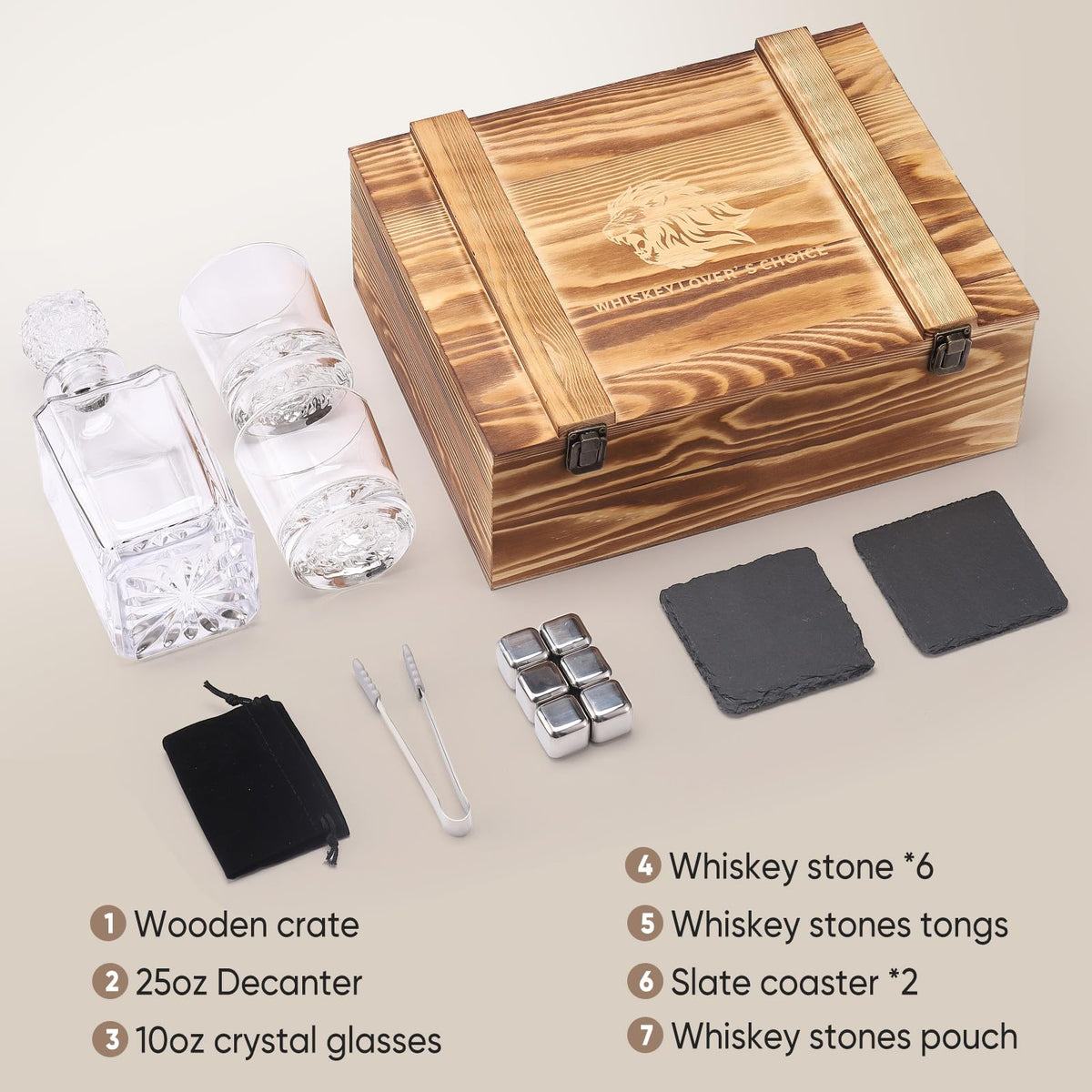 LUSKEYCOR Whiskey Decanter Set with Wooden Box Artistic 25.4 oz Decanter + 2x10 oz Glasses | 304 Stainless Steel Whiskey Stones, Slate Coasters, Tongs & Pouch | Gift for Men, Husband, Dad, Weddings