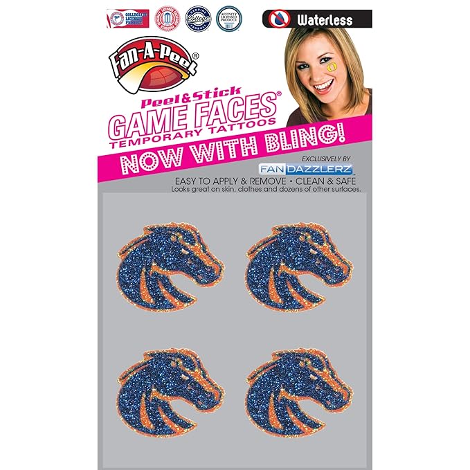 Fan-A-Peel Boise State Waterless Temporary Tattoos - Hypoallergenic Peel and Stick Waterproof Temporary Tattoos, Glitter - Officially Licensed