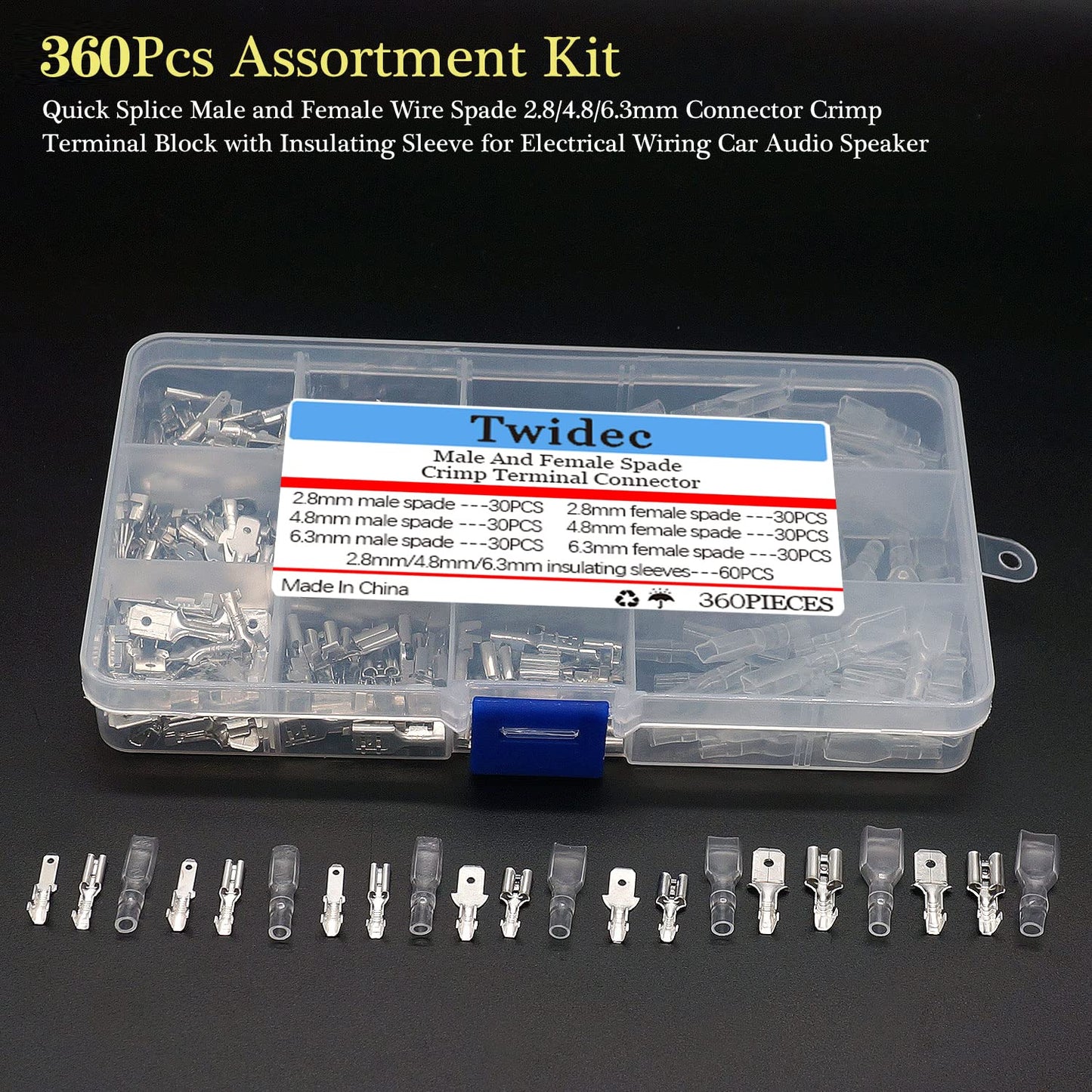 Twidec/360Pcs 2.8/4.8/6.3mm Quick Splice Male and Female Wire Spade Connector Crimp Terminal Block Assortment Kit with Insulating Sleeve for Electrical Wiring Car Audio Speaker