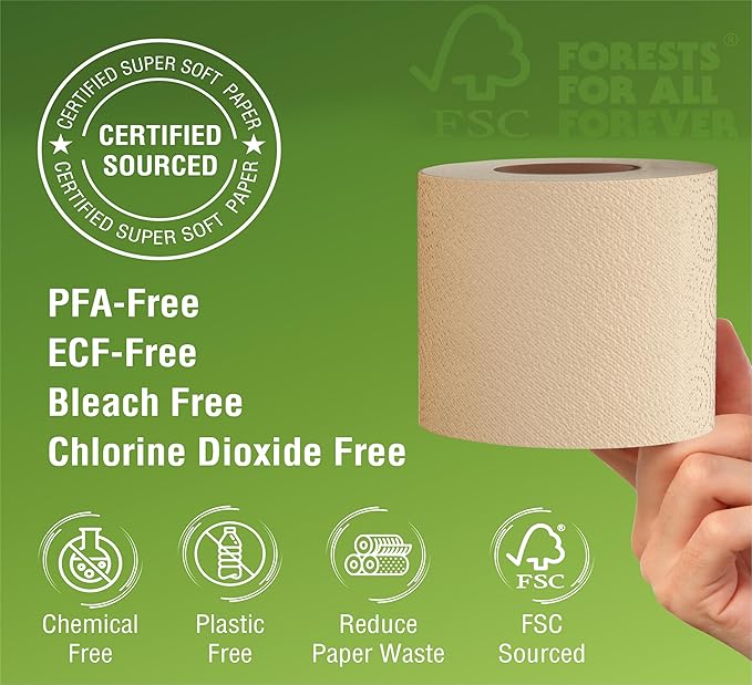 48 Bulk Premium Unbleached Bamboo Toilet Paper, 3-Ply, 300 Sheets, Plant-Based, PFAS-Free, FSC Certified, Chlorine-Free, Plastic-Free, BPA-Free Toilet Tissue (48)