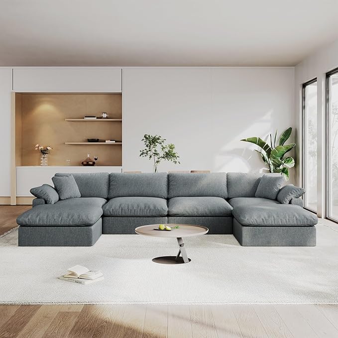 Intuition Decor Modular Sectional Sofa Cloud Couch,Down Filled Comfy Cloud Modern Sofa,Light Blue Linen U Shape 6 Seater Oversized Couch Cushion Covers Removable for Living Room