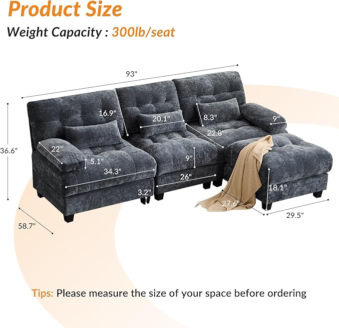 GRAINLLE 93'' Modular Sectional Cloud Couch with 1 Ottoman,Deep Seat Sleeper Sofa L Shaped Sectional Couch,Convertible Upholstered Comfy Chenille Sectional Sofa for Living Room,Bedroom(Blue)