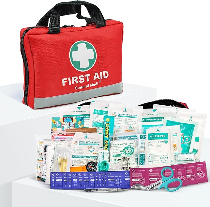 General Medi First Aid Kit -309 Pieces- Reflective Bag Design - Including Bandages, Moleskin Pad and Emergency Blanket for...