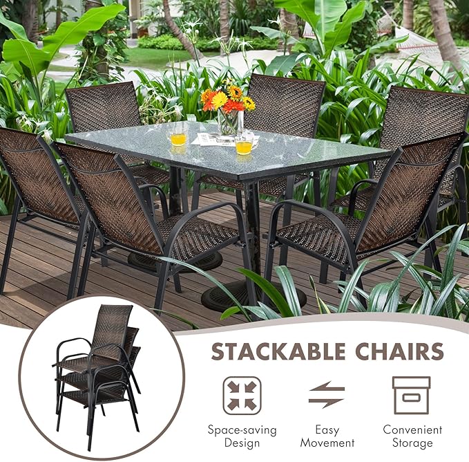 HAPPYGRILL 6 Pack Stackable Dining Chairs Outdoor PE Wicker Patio Arm Chairs with Rustproof Steel Frame, Bistro Deck Chairs for Backyard Garden and Poolside